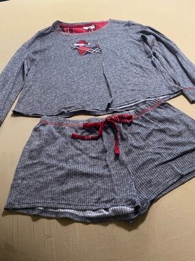 Laura Ashley Grey Ribbed Two-Piece Pajama Set with Red Accents